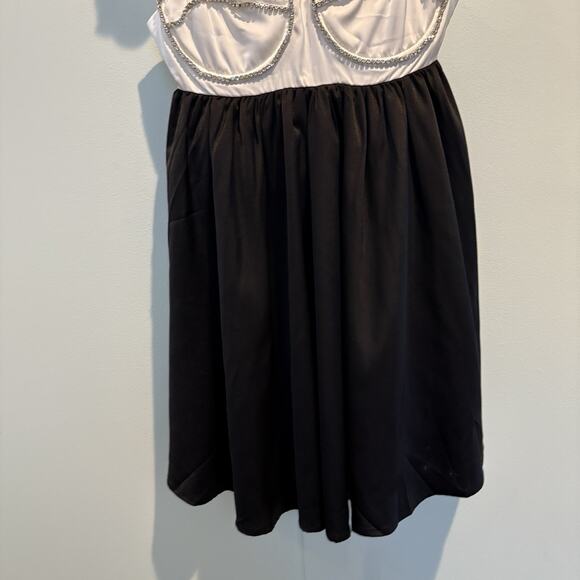 NWT Sky To Moon Mini Dress Small Black White Satin Slip Rhinestone Trim Bustier - Picture 8 of 16